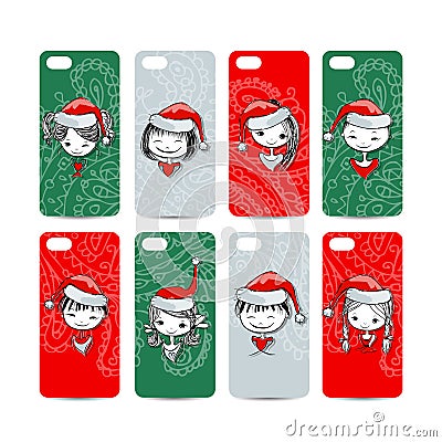 Mobile phone cover back. Santa girls for your Vector Illustration