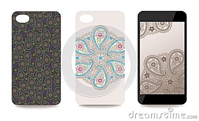 Mobile phone cover back and screen set with Paisley pattern Vector Illustration