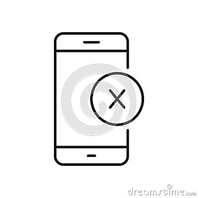 Mobile Phone with Cross Sign Line Icon. Error or Cancel Action on Smartphone Outline Symbol. Device Error or Shutdown Vector Illustration