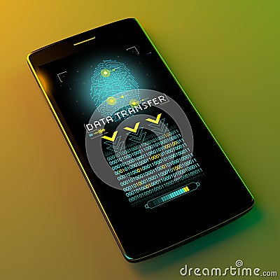 Mobile phone, data transfer, backup, hacking. Privacy violation, sensitive data violated Stock Photo