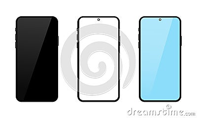 Mobile phone display mocked front view, Blank cell phone, white, blue screen design. Vector Illustration