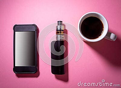 Mobile phone ,electric cigarette and coffe on pink background ,concept of resting or taking a pause Stock Photo