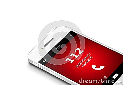 Mobile phone with 112 emergency number over white Stock Photo