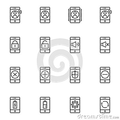 Mobile phone function line icons set Vector Illustration