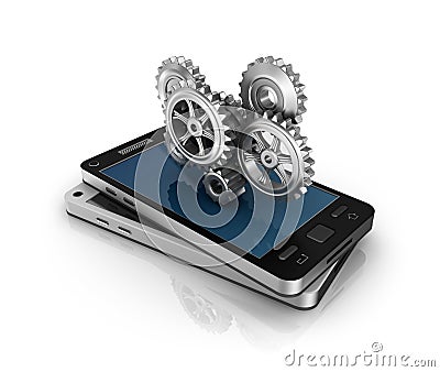 Mobile phone and gears. Application development concept. Stock Photo