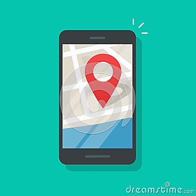 Mobile phone geo location, smartphone gps navigator city map pin Vector Illustration