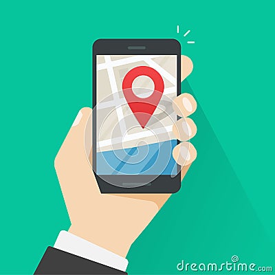 Mobile phone geo location, smartphone gps navigator city map pointer Vector Illustration