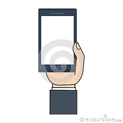 mobile phone in hand device white display Cartoon Illustration