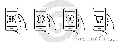 Mobile Phone in Hand Line Icon Set. Online Shopping, QR Code, Internet Connection, Information Outline Icon. Internet Vector Illustration