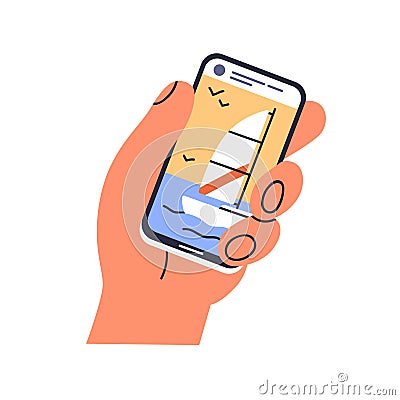 Mobile phone in hand. Watching social media, looking at travel photo, picture on smartphone screen. Holding cellphone Vector Illustration
