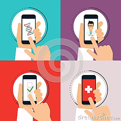 Mobile phone with health application open with hand. Vector mode Vector Illustration