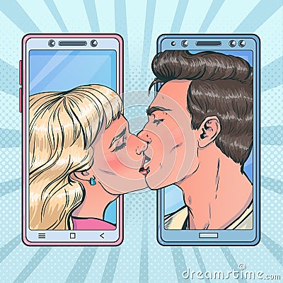 Romantic vector illustration in pop art style on love story theme, online dating, relationship at a distance, dating apps. Vector Illustration