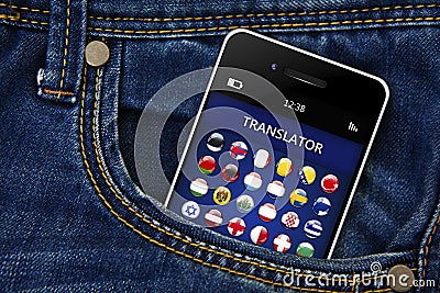 mobile phone with language translator application in jeans pocket Stock Photo