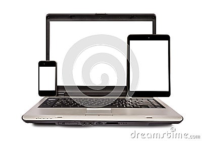 Mobile Phone, Laptop, And Digital Tablet Isolated On White Stock Photo