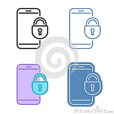 Mobile phone with lock vector outline icon set. Vector Illustration