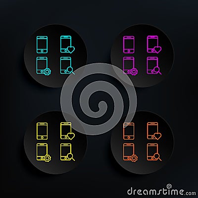 Mobile, phone, magnifier, heart, gear sign dark badge color set icon. Simple thin line, outline vector of web icons for ui and ux Stock Photo
