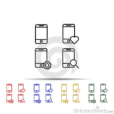 mobile, phone, magnifier, heart, gear sign multi color style icon. Simple thin line, outline vector of web icons for ui and ux, Stock Photo