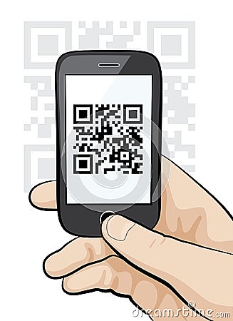 Mobile phone in male hand scanning qr code Vector Illustration