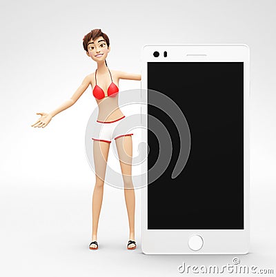 Mobile Phone Mockup With Blank Screen Held by Smiling, Happy Jenny - 3D Cartoon Female Character in Swimsuit Bikini Stock Photo