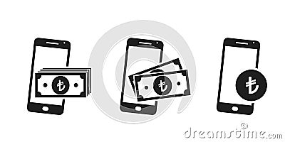 Mobile phone money icon set. turkish lira banknotes and coin on smartphone Vector Illustration