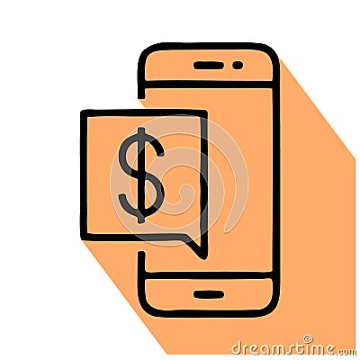 Mobile phone with money notification flat line icon. Online bank message sign Vector Illustration