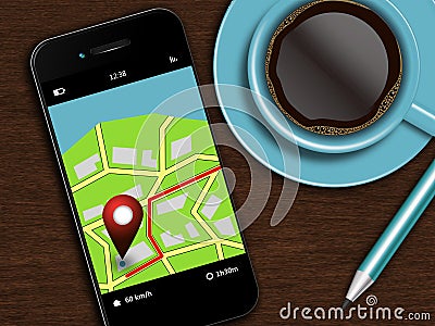 mobile phone with navigation application, coffee and pencil lying on desk Stock Photo