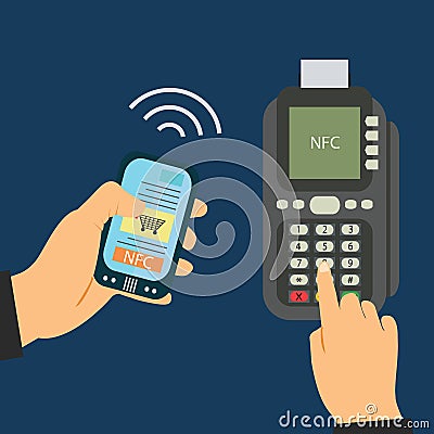 Mobile phone payment in shops with nfc system. Detail of POS terminal and mobile. Top view Vector Illustration