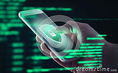 Mobile phone personal data and cyber security threat concept. Cellphone fraud. Smartphone hacked with illegal spyware. Stock Photo