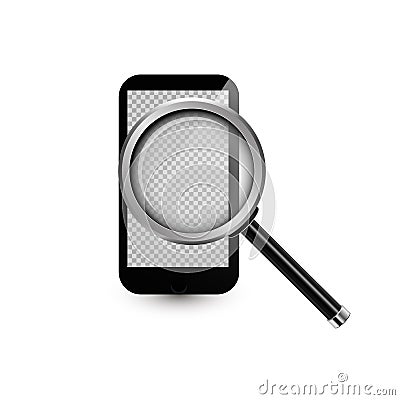 Mobile phone and Realistic Magnifying glass.Vector illustration. Smartphone with transparent screen for your image.3d mock Cartoon Illustration