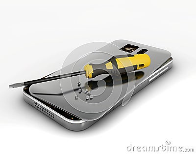 Mobile phone repair. 3D illustration. Broken mobile phone with screwdriver. Repair electronic equipment. Cartoon Illustration
