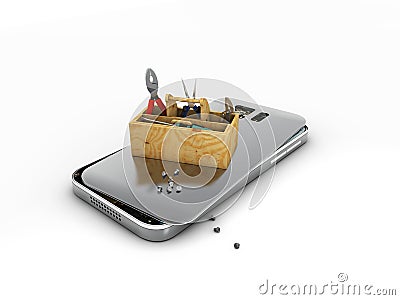 Mobile phone repair. 3D illustration. Broken mobile phone with toolbox. Repair electronic equipment. Cartoon Illustration