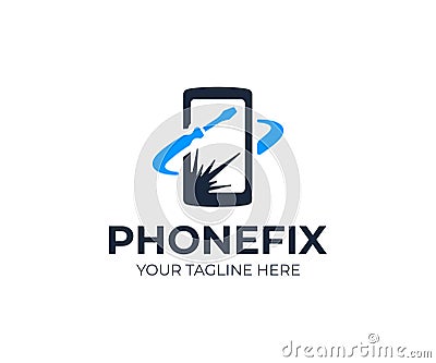 Mobile phone repair logo template. Broken screen on smartphone and screwdriver tool vector design Vector Illustration