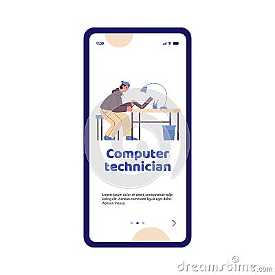 Mobile phone screen with male technician working at computer service Vector Illustration