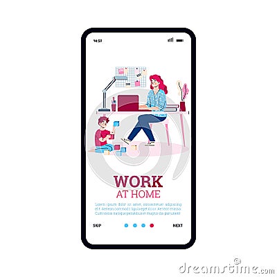 Mobile phone screen with mother freelancer working home a vector illustration. Cartoon Illustration