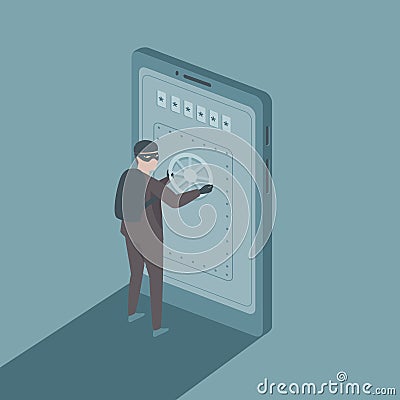 Mobile Phone Security Concept. Man in a black mask hacking into a smartphone. Cyber attacker trying to steal personal data Vector Illustration