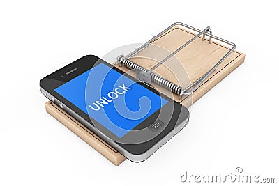 Mobile Phone Security Concept. Mobile Phone with Unlock Sign over Wooden Mousetrap. 3d Rendering Stock Photo