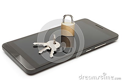 Mobile phone security and data protection concept. Smartphone with small lock and keys over it Stock Photo
