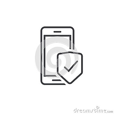 Mobile phone security protection vector icon, line outline art smartphone protected with shield sign, cellphone Vector Illustration