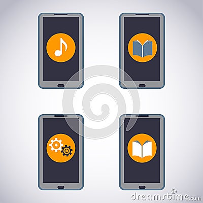 Mobile phone set. Touchscreen Smart Phone with Media Application (apps, music, ebooks). Stock Photo