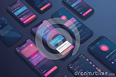 Mobile phone with a set of ux templates. User experience. User interface. Mobile app page template Stock Photo