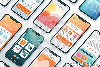 Mobile phone with a set of ux templates. User experience. User interface. Mobile app page template Stock Photo