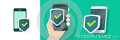 Mobile phone shield icon vector 3d and flat cartoon cellphone safe secure verification concept, smartphone with cyber protection Vector Illustration