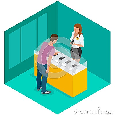 Mobile phone in shop. Sale, smartphone. Flat 3d isometric vector illustration for infographic. Vector Illustration