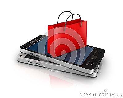 Mobile phone with shopping bag. Online shopping concept. Stock Photo