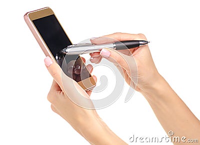 Mobile phone smartphone stylus pen in hand Stock Photo