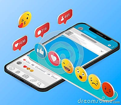 Mobile phone with social network feedback emoticons. Idea - Online communication, blogging, article feedback concepts. Stock Photo
