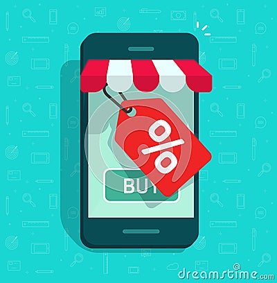 Mobile phone store and sale tag vector illustration, flat cartoon smartphone internet online shop with discount offer Vector Illustration