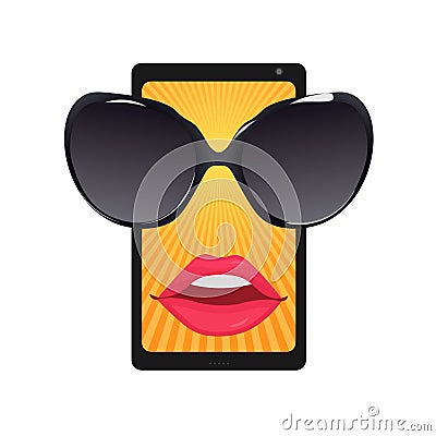 Mobile phone with sun glasses and female lips Vector Illustration