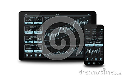 Mobile phone and tablet with forex chart Stock Photo