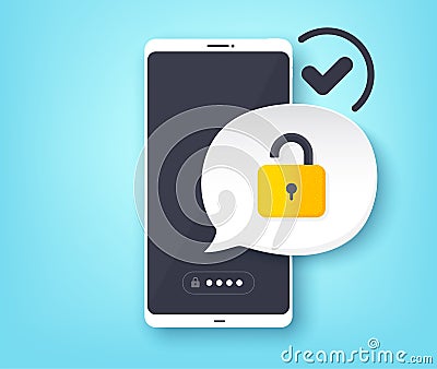 Mobile phone unlocked notification vector. Smartphone security, password lock, phone access. User authorization. Vector Vector Illustration